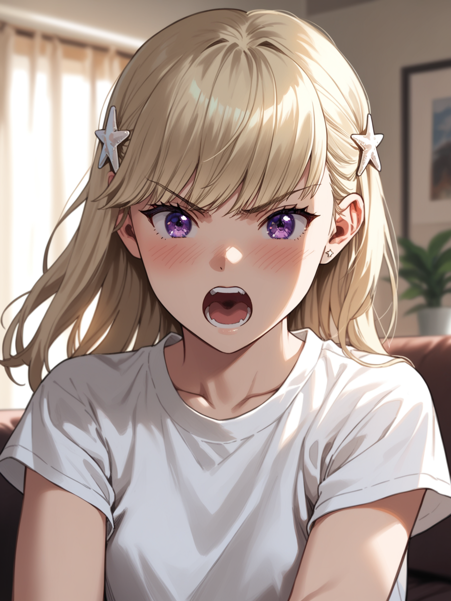 <lora:happy_tentacle-sekiyuina-v0.1-000010:0.9>, ht_sekiyuina, star hair ornament, purple eyes, blonde hair , angry, screaming, indoors, living room cowboy shot, 1girl, (petite:1.2), solo focus, (looking at viewer:1.1), , (depth of field:0.8), , [(realistic, photorealistic:1.2):(realistic:1.3):22], [(3d:1.2)::10], <lora:LUUNA's Lunas-NijiJourney-SDXL-B2:0.5>, nijijourney, <lora:prgfrg23's Counterfeit-V3.0 Style SDXL_LoRA_Pony Diffusion V6 XL:0.3> <lora:Shed_The_Skin's StS_age_slider_v1_initial_release:-1>, score_9, score_8_up, score_7_up, score_6_up, score_5_up, score_4_up