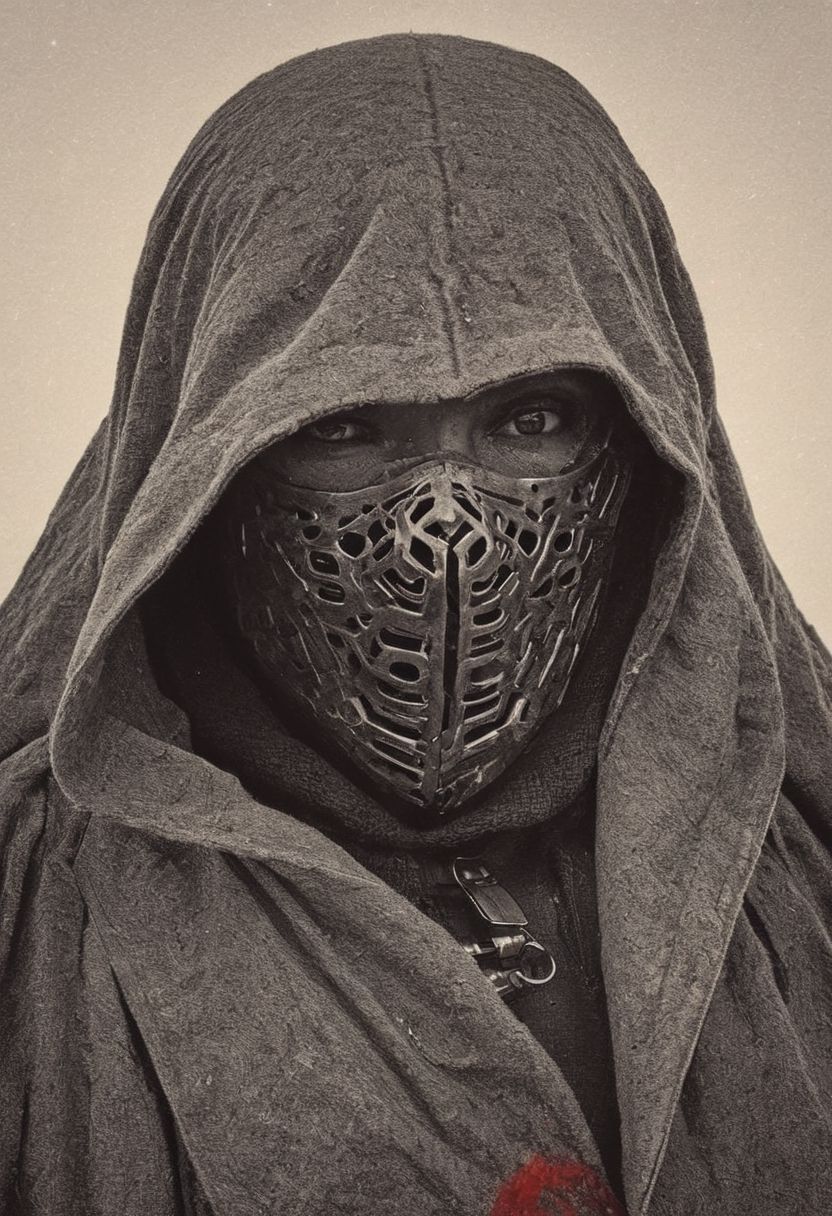 DARK throwing a Stone Pose, fight stance, Leg Up, Low Angle View,. a woman with rotten Guy fawkes mask and a outworn detailed old high collar cyberpunk Samurai jacket, Large linen cape ,surrounded by a detailed monochrome spacescape with translucent vibrant Blood red Highlights, hyper-detailed, sharp, high resolution, high quality, 32K, Ultra realistic, HD, super detailed, line art, abstract style