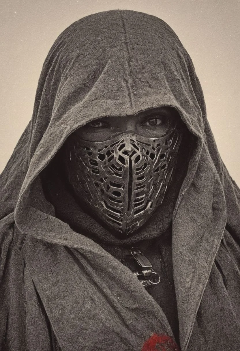 DARK throwing a Stone Pose, fight stance, Leg Up, Low Angle View,. a woman with rotten Guy fawkes mask and a outworn detailed old high collar cyberpunk Samurai jacket, Large linen cape ,surrounded by a detailed monochrome spacescape with translucent vibrant Blood red Highlights, hyper-detailed, sharp, high resolution, high quality, 32K, Ultra realistic, HD, super detailed, line art, abstract style