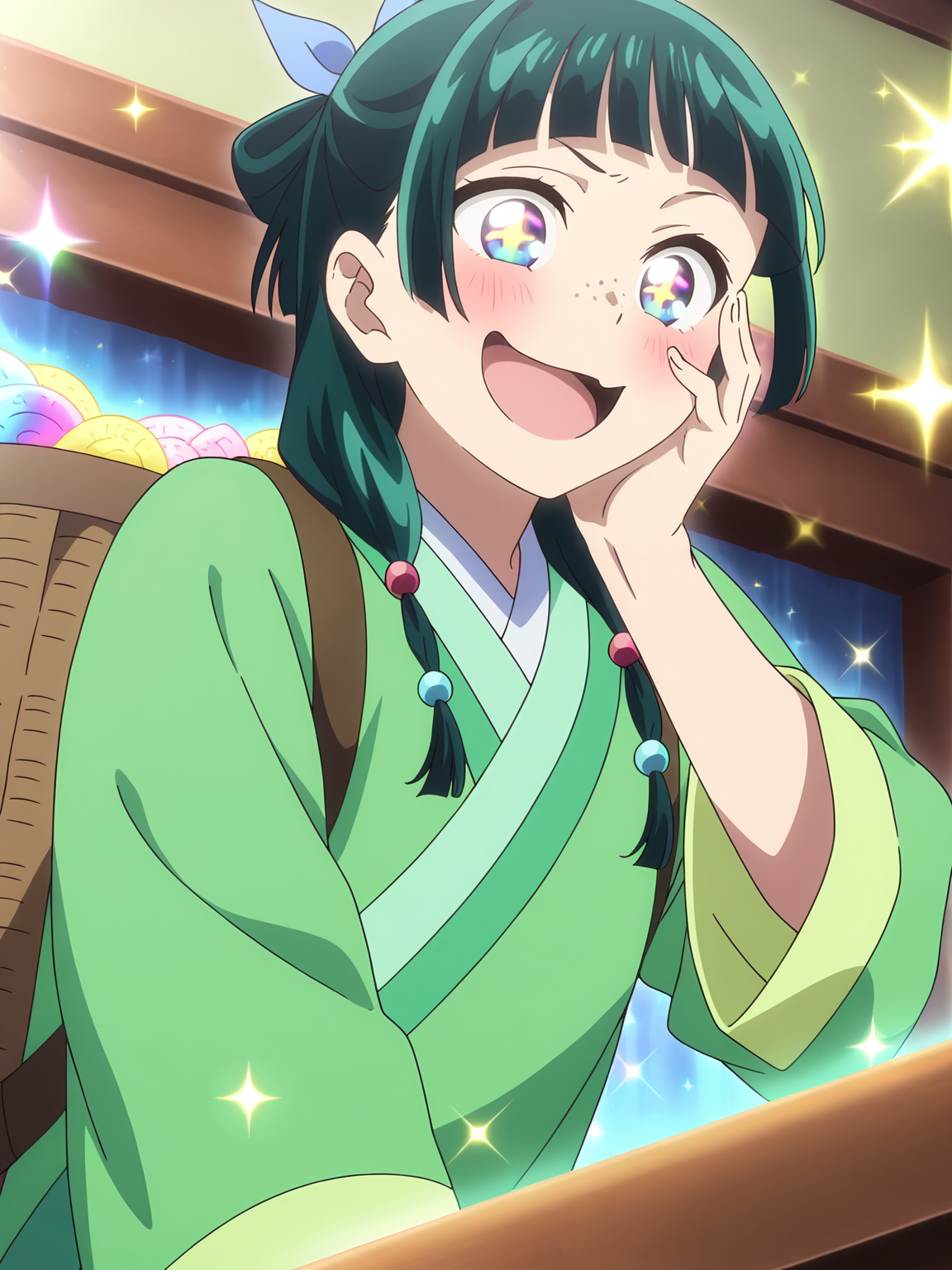 <lora:Maomao_Character:0.8>maomao, 1girl, solo, blue eyes, freckles, dark green hair, twin braids, blunt bangs, hair tie, blue hair bow, green kimono, wicker basket backpack, excited, blush, crazy smile, joy, glee, bent forward, hand on cheek, kneeling, upper body, looking at chest, opening chest, indoors, magic chest, rainbow effect, stars effect