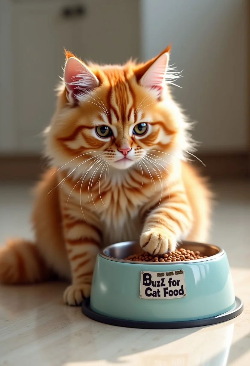 A cute and fluffy orange tabby cat sitting in front of an empty pet food dish. One paw tapping the empty bowl. Cat looking at viewer with big sorrowful feline eyes.
In a clean kitchen. (By the bowl is a sign with the words, Buzz for Cat Food,)
Vivid style. Realistic, detailed fur, ultra realistic, photo realistic
