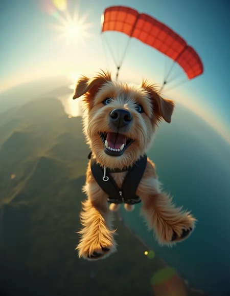 cinematic film still taken by go-pro, taken by fisheye lens, doge, parachuting, aerial view, the image is indistinguishable from the real photo, the dog looks photorealistic . shallow depth of field, vignette, highly detailed, high budget, bokeh, cinemascope, moody, epic, gorgeous, film grain, grainy