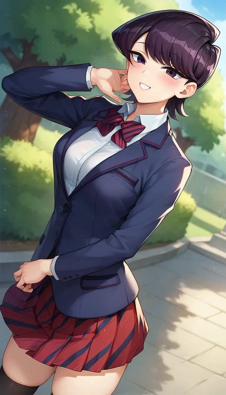 score_9,score_8_up,score_7_up,score_6_up BREAK official art,solo,outdoors,cowboy shot,looking at viewer,facing viewer,smile,blush,mature female,Komi Shuuko,short hair,black hair,shiny hair,swept bangs,purple eyes,school uniform,blue jacket,blazer,collared shirt,white shirt,red bowtie,striped bowtie,diagonal-striped bow,medium breasts,skindentation,long sleeves,red skirt,pleated skirt,striped skirt,black socks,loafers,<lora:Komi Shuuko(kcc)-Pony:0.8>,