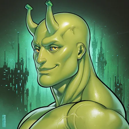 masterpiece, best quality, absurdres, newest, perfect quality, best quality, absolutely eye-catching, detailed background, intricate details, bara, 1boy, male, male focus, alien, green skin, no hair, bald, hairless, antennae, black sclerae, yellow eyes, bara, muscular, large pectorals, large biceps, looking at viewer, face close-up, portrait, side view, smile, spaceship scenery, very awa, best quality, absurdres, newest, perfect quality, detailed background, intricate details, (artist:rokudenashi:0.8), (artist:dizdoodz:0.7), (artist:gomtang:0.6)