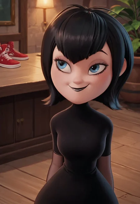 score_9, score_8_up, score_7_up, ultra quality, solo, 1girl, black hair, short hair, blue eyes, fangs, black lips, black nails, , black dress, grey elbow gloves, striped pantyhose, red sneakers, , smug smile, hips focus, big hips, big butt, bubble butt, curvy, narrow waist, standing, front view, looking to the viewer, upper body, view from above, close up, screencap