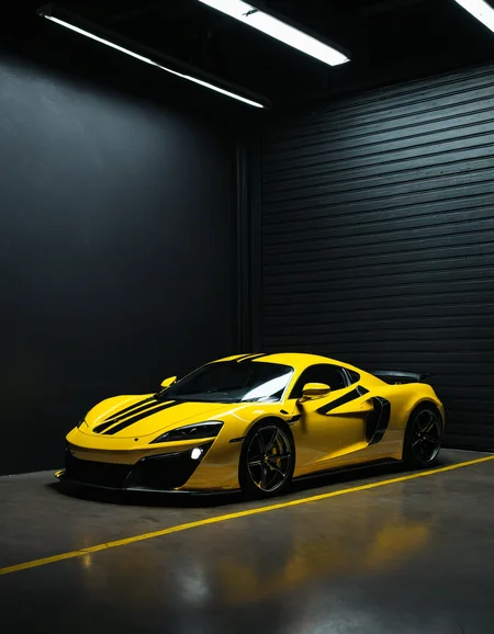 <lora:R0k00M0t0rV3h1c13HD:1>,r0k00m0t0rv3h1c13hd,r0k00bstr0cthd,car,super car,sports car,, a grey sports car with yellow stripes parked in a dark garage with a ramp in the background and a black wall [2]