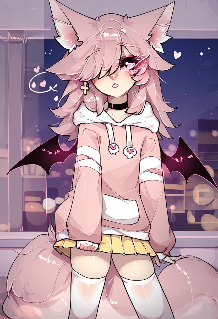Expressiveh, (score_9, score_8_up), score_7_up,<lora:spiralwash_eyes_v3_5:0.7>, 1girl, shuuko, best quality, crydiaa-oc, animal ears, hair over one eye, tail, wings, earrings, cross, jewelry, pink eyes, long hair, choker, animal ear fluff, pink hair, fox ears, fox tail, hoodie, wings, long sleeves, skirt, thighhighs, pleated skirt, white thighhighs, pink hoodie, sleeves past wrists, sleeves past fingers, white socks