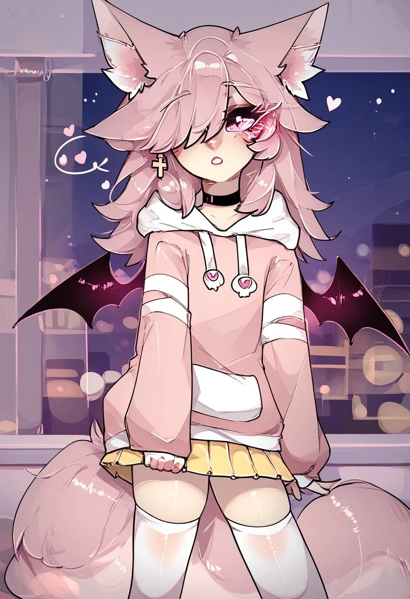 Expressiveh, (score_9, score_8_up), score_7_up,<lora:spiralwash_eyes_v3_5:0.7>, 1girl, shuuko, best quality, crydiaa-oc, animal ears, hair over one eye, tail, wings, earrings, cross, jewelry, pink eyes, long hair, choker, animal ear fluff, pink hair, fox ears, fox tail, hoodie, wings, long sleeves, skirt, thighhighs, pleated skirt, white thighhighs, pink hoodie, sleeves past wrists, sleeves past fingers, white socks