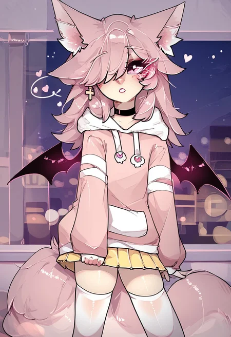 Expressiveh, (score_9, score_8_up), score_7_up,<lora:spiralwash_eyes_v3_5:0.7>, 1girl, shuuko, best quality, crydiaa-oc, animal ears, hair over one eye, tail, wings, earrings, cross, jewelry, pink eyes, long hair, choker, animal ear fluff, pink hair, fox ears, fox tail, hoodie, wings, long sleeves, skirt, thighhighs, pleated skirt, white thighhighs, pink hoodie, sleeves past wrists, sleeves past fingers, white socks