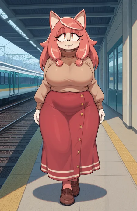 <lora:Conductors_Wife_Sonic:1> cndctr's_wf, 1girl, furry female, mature female, solo, brown sweater, red long skirt, buttoned skirt, brown shoes, train station platform, detailed background, digital media \(artwork\), highres, high quality, masterpiece, absurdres, newest, perfect quality, best quality, absolutely eye-catching
