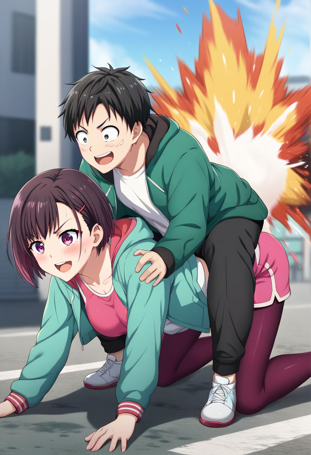 <lora:pony_ride_bog_ponyxl_v1:0.8>, (piggyback riding:1.2), all fours, (sitting on person:1.2), boy on top, 1girl, 1boy, mikazukishizuka, tendouakira, excited, <lora:zom100_ponyxl_v4:0.5>, green jacket, white shirt, black pants, hooded jacket, open jacket, pink sports bra, pink shorts, yellow ribbon, purple leggings, outdoors, street, city, paint splatter, explosion,
BREAK
score_9, score_8_up, score_7_up, score_6_up, anime coloring, rating_safe, (high quality, detailed, beautiful), shiny, detailed beautiful eyes, outstanding, countershading, detailed soft lighting