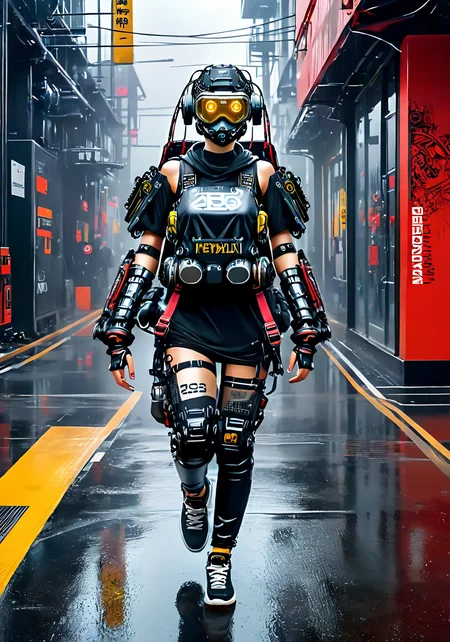 a cyborg woman, <lora:excybertechsdxl:1>, excybertechsdxl, best quality, masterpiece, mechanical parts, detailed, intricate, sneakers, cyber-ninja, robotic arms, large backpack, goggles, reflections, rain,