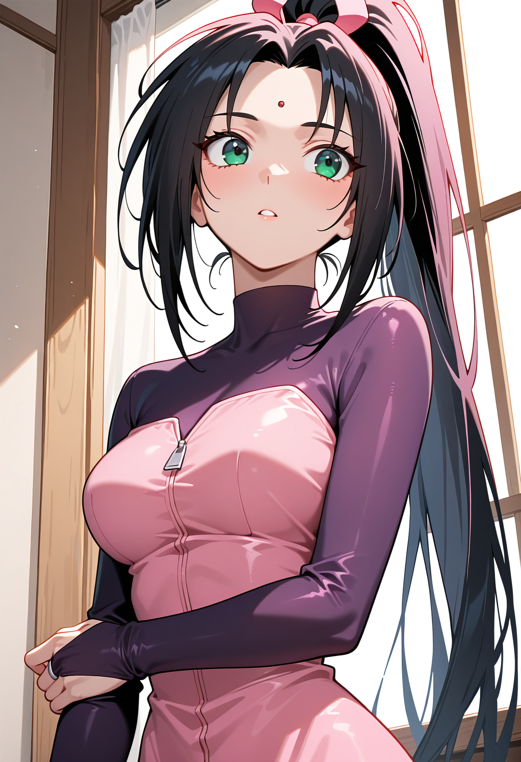 masterpiece, best quality, amazing quality, 1girl, solo,
<lora:noburu_lot8ds_v01:0.8>, noburu_lot8ds, black hair, very long hair, high ponytail, parted bangs, red bindi, green eyes, breasts,
pink hair ribbon, purple bodysuit, pink dress, zipper, bridal gauntlets, upper body,