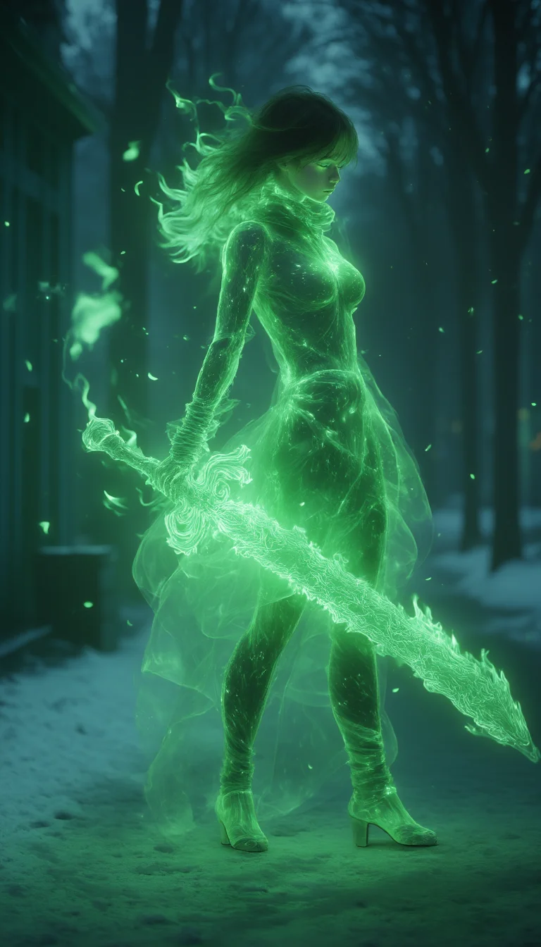 bailing_fire,
A girl **** entirely of flames stands,
Photorealistic, Cinematic Texture, a distant shot of a girl **** entirely of green flames, resembling a ghost, standing on a winter street. Her full body, composed of flickering green flames, appears as a translucent, glowing ghost-**** figure. In one hand, she holds a magical sword, its blade radiating an otherworldly green aura that complements her fiery form. The sword’s intricate, enchanted design flickers with sparks of energy, as if connected to the girl's essence. Her fiery form emits a soft, eerie green light, blending with the surroundings, and the glowing sword adds to the ethereal, haunting atmosphere as she stands alone in the cold winter night.