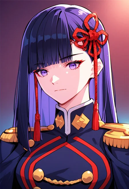 score_9,score_8_up,score_7_up,source_anime,REN_YAMASHIRO,1girl,solo,long hair,bangs,black hair,hair ornament,ribbon,closed mouth,purple eyes,jacket,hair ribbon,purple hair,blunt bangs,red ribbon,tassel,portrait,epaulettes,high collar,