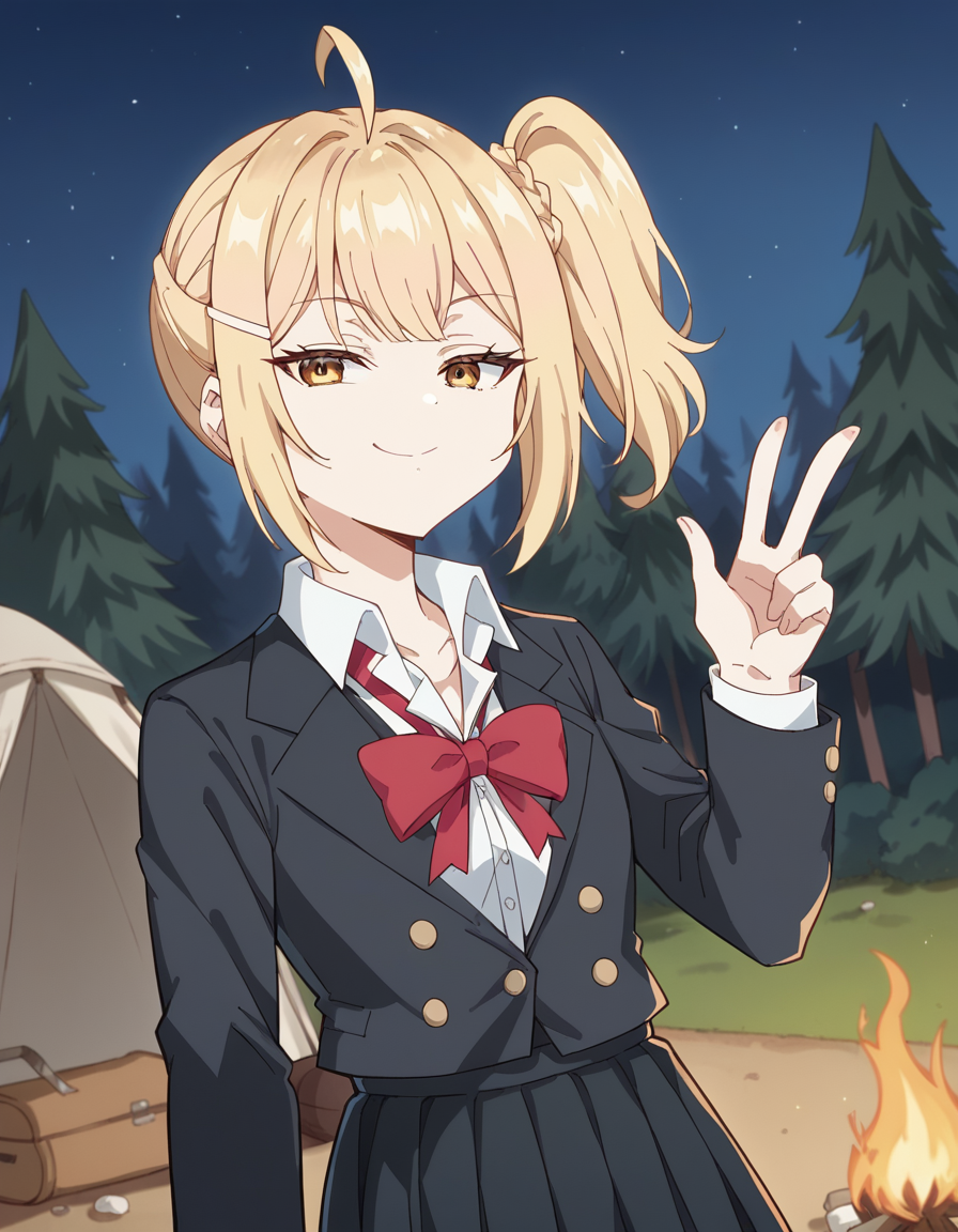 score_9, score_8_up, score_7_up, source_anime, <lora:nonoa-miyamae-s1-ponyxl-lora-nochekaiser:1>, nonoa miyamae, blonde hair, short hair, side ponytail, one side up, braid, hair ornament, yellow eyes, ahoge, hair clip, hair intakes,, shirt, bow, school uniform, jacket, white shirt, collared shirt, bowtie, red bow, blazer, red bowtie, black skirt, pleated skirt,, camping, bonfire, tent, stargazing, marshmallows, forest clearing, night, , , v, v over mouth, smug,, solo,, cowboy shot, dutch angle