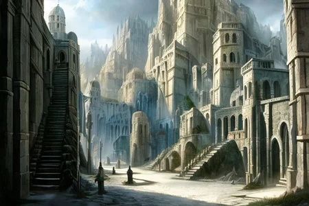 (masterpiece:1.2), (best quality,:1.2), 8k, HDR, ultra detailed, ((photorealistic)), professional light, cinematic lighting, fashion photography, ambient lighting, atmospheric effects, DarkFantasy, Numenor, a street with stairs in a big medieval fantasy city on a mountain, high towers, high walls, <lora:Numenor-10:1>, in the style of Middle Earth, Tolkien, Minas Tirith, epiCPhoto