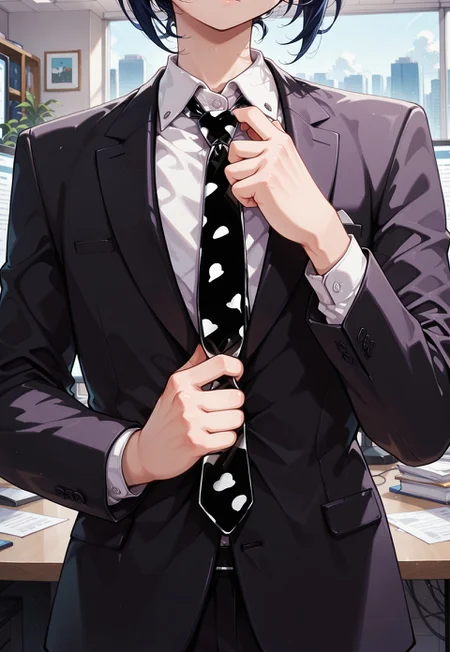 solo, androgynous, invpa, suit, adjusting_necktie,
upper body, head out of frame, office, indoors,
masterpiece, best quality, absurdres, newest