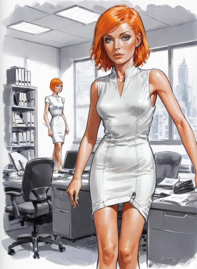 futuristic woman wearing a short white dress, orange hair, in an office, <lora:Drawings_Pierre_Joubert_Style:0.8> Pierre Joubert, Sketch