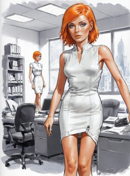 futuristic woman wearing a short white dress, orange hair, in an office, <lora:Drawings_Pierre_Joubert_Style:0.8> Pierre Joubert, Sketch