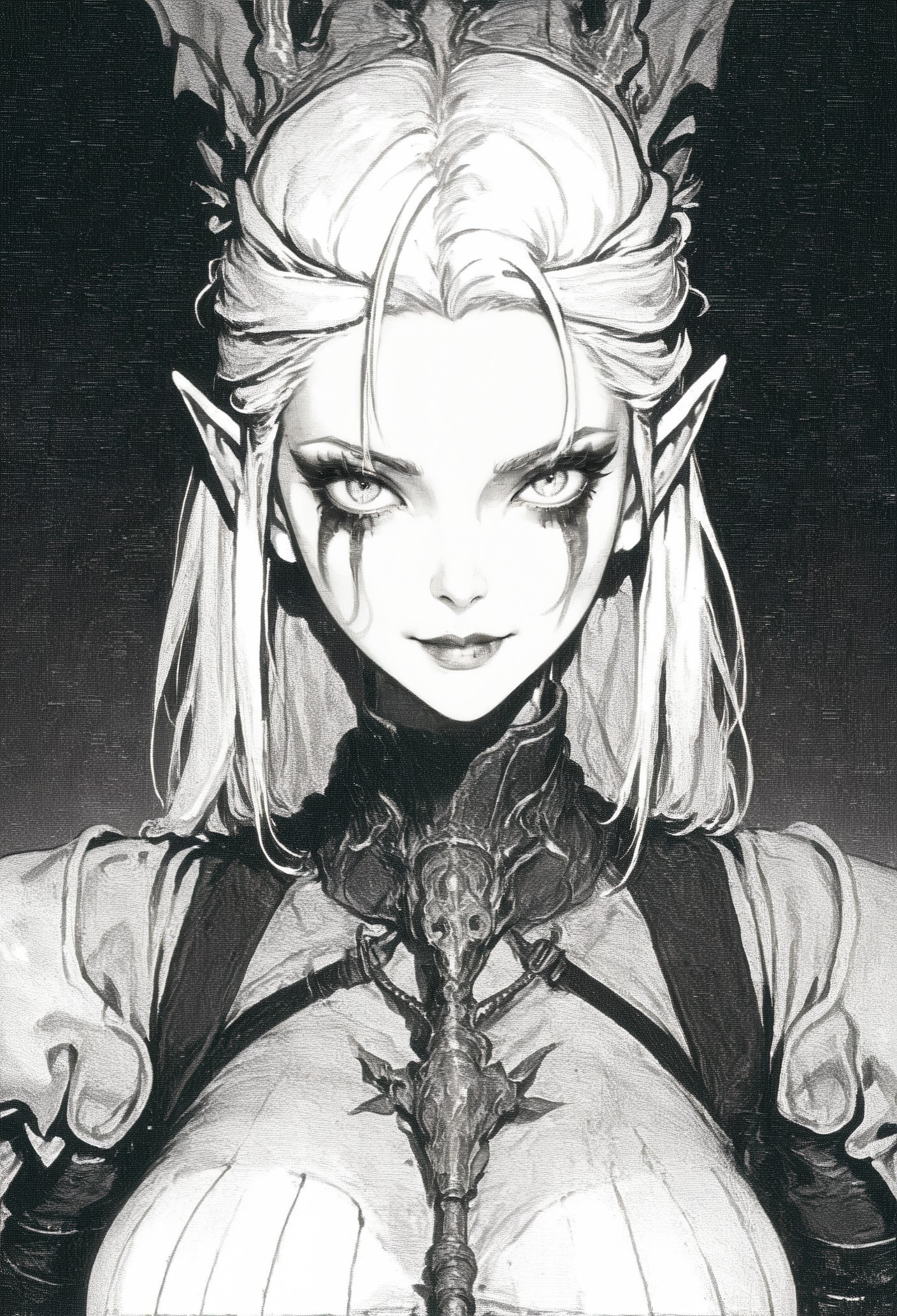 score_9, score_8_up, score_7_up,  1girl, cute face, large breasts, thick eyeliner, makeup, eyelashes, white hair, long hair, mid parted hair, looking at viewer, tiefling warrior queen, dark background, gothic castle, black and white, smirk, horns  <lora:xenotrip13:1> xenotr1p