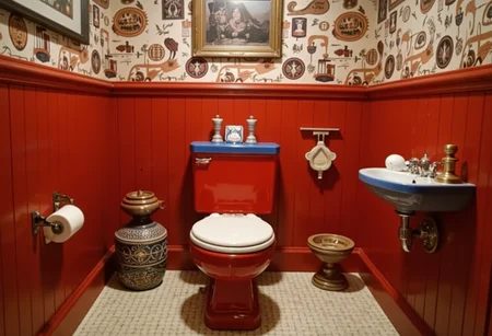 Photo, a very great walruses of the American revolution themed bathroom from 1975, the commode is red with a white seat and blue lid,, film, highly detailed