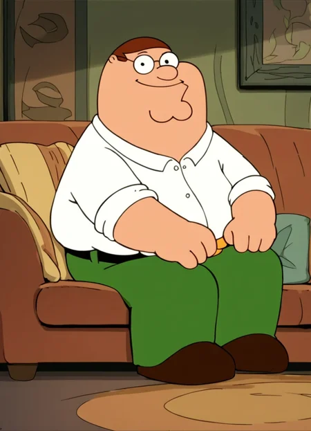 <lora:PeterGriffinPony1.0 (1):1.0>peter, glasses, fat, 1boy, white shirt, solo, brown hair, green pants, belt,indoors, couch, sitting, score_9, score_8_up, score_7_up, score_6_up, score_5_up, score_4_up,brown footwear, standing,looking at viewer, smile,