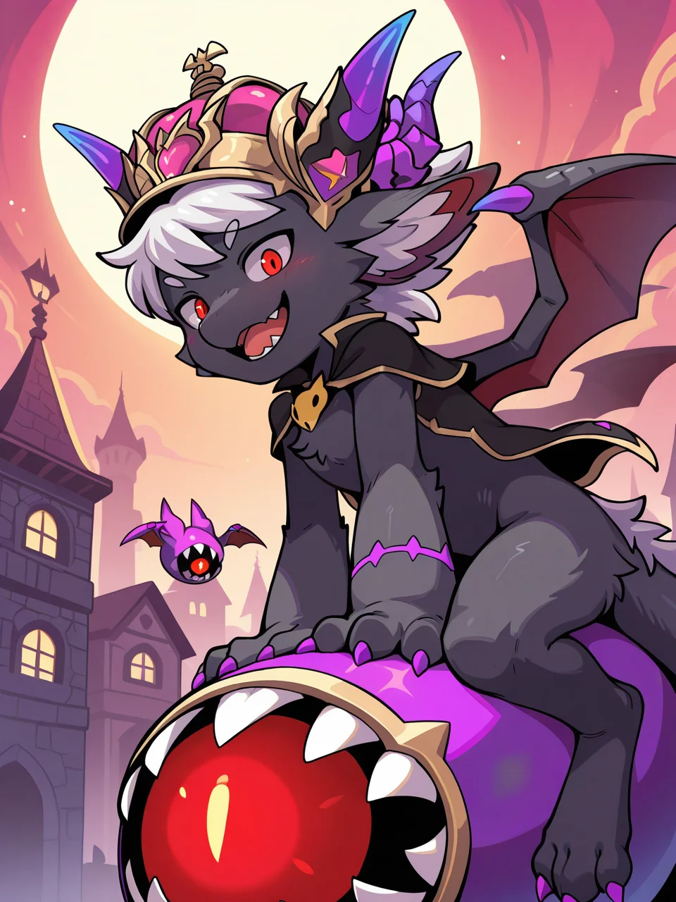 masterpiece, best quality, amazing quality,
MagnasIL,1boy,solo,furry male,male focus,dragon boy,demon wings,crown,cape,horns,red eyes,open mouth,smile,looking at viewer,riding,demon pet,
<lora:Magnas_IL-000012:1>