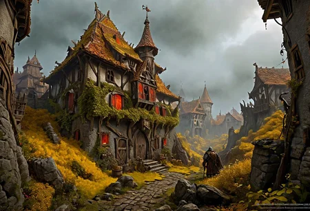 Surreal horror style by Pawel Kuczynski and Joan Miro and Bridget Bate Tichenor and Arthur Secunda,Warhammer Fantasy Renaissance Medieval Horror Roleplay,A once-grand dwarven city, now crumbling and overgrown with vines, is shrouded in a thick fog. The sky is a sickly yellow, and the air is filled with the stench of decay. Dwarven warriors, their faces contorted in agony, have been transformed into monstrous creatures, their eyes glowing with an unnatural red light. The scene is a testament to the power of the curse and the desperation of the dwarven people. Use a dark, gritty style reminiscent of Warhammer's battle-scarred landscapes, dark, chiaroscuro, low-key, ral-sld ,art_booster