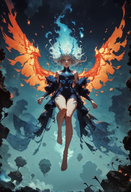 score_9, score_8_up, score_7_up, score_6_up, 1girl, (solo), white hair, female phoenix, floating, flying, blue fiery wings, blue inferno, blue fire, blue flames, lava made, translucent, fantasy, glowing, barefoot, knva, halftone effect, Expressiveh <lora:sinfully_stylish_SDXL> <lora:add-detail-xl:1> <lora:xl_more_art-full_v1:0.7> <lora:Kenva:1> <lora:Concept Art Twilight Style SDXL_LoRA_Pony Diffusion V6 XL:1> <lora:Expressive_H-000001:0.8>
