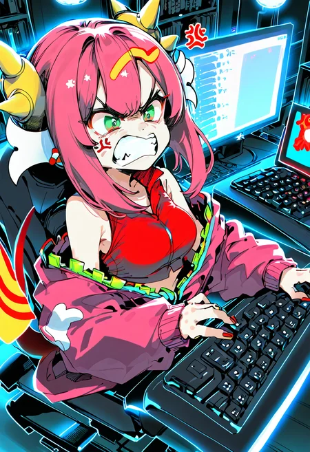 (score_9:0.9),score_8_up,score_7_up,rating_safe,unaestheticXL_3x3,anime style,(zPDXL), <lora:Live twin ponyXL v1:1>, 1girl, medium breasts, Ki sikil, red tail, pink jacket, red cropped vest, pink sneakers, bandaid on knee, black bike shorts, hair ornament, <lora:inori-meme-pony_last:2>, hand on keyboard \(computer\), angry, upper body,