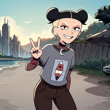 score_9, score_8up, score_7up, score_6up, 1 girl, , double bun hair, solo, ear piercings, moon symbol necklace, black eyes, blonde eyebrows, brown pants, black hair, pink bracelets, fishnet under shirt, cowboy shot, peace sign, city streets, looking at viewer, smiling, eyes half lidded,
outdoors, beach , sunny day, overcast, leaning back, front view