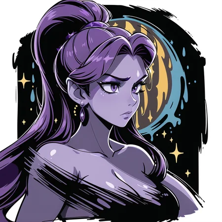 (masterpiece, best quality:1.1), pxint, (Megara:1.3), Megara from Disney's Hercules, ponytail, (1girl:1.05), solo, detailed eyes, serious face, portrait, beautiful, looking to the side, droplets, purple hair, sparkle, bubble, flowing, with a splash of paint, (abstract:0.8)