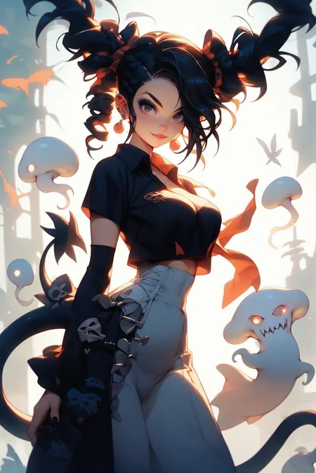 source_anime, score_9, score_8_up, score_7_up, anime style, rating_questionable, 1girl, woman, goth bad girl, cute, [:wild, outlandish costume design,:0.2], bombshell punk hair, black hair, Half Up Fishtail Braid, bombshell hair, shiny color:rosybrown and copper hair, drill hair, chubby, narrow waist, large breasts, albino, ghostly,cliffside fantasy town in a Temperate Rainforest<lora:ponyprettyeyes1:1>