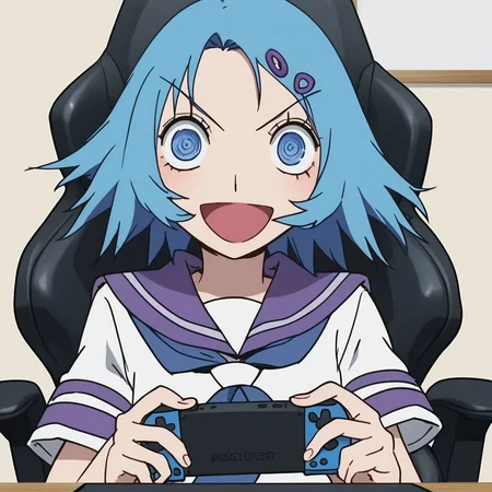 safe_pos, score_9, score_8_up, score_7_up, anime , rating_explicit, anime screencap, anime style, Perfect hands, Perfect fingers, rebis style-pxl, Perfect eyes, room, 1girl, solo, sailor collar, open mouth, simple background, looking at viewer, serafuku, blue eyes, purple sailor collar, upper body, blue hair, neckerchief, hair ornament indoors, sitting on gaming chair, holding handheld game console, handheld game console, mischievious smile,