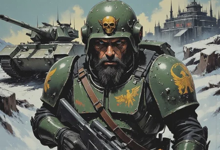 The image is a digital painting depicting a rugged,brutal bearded man in a warhammer 40k military uniform. He is wearing a green helmet adorned with a shiny golden emblem featuring a skull and wings, suggesting a connection to a specific military unit or faction. The helmet has a visor, which is slightly raised, revealing his intense expression. Snowflakes are visible in the air, indicating a cold, wintry environment.
The man's armor is predominantly green and scratched , suggesting he is experienced warrior. He carries a large, black rifle slung over his shoulder, and the barrel pointing towards the left side of the image. His face is covered with a thick beard with scar across her cheek, and his piercing blue eyes are focused intently forward, conveying a sense of steadfastness and fury.
The Cadian insignia on his worn armor gleams amidst the dirt and grime.
The background features a battle tank with large, snow-capped advanced military base in the distance. The snow is falling heavily, creating a sense of urgency and isolation. The colors in the painting are muted and cold, with shades of green, grey, and white dominating. The overall mood is one of tension and resilience in a hostile environment. colorful, vibrant colors,color contrast,light particles, high saturation,deep rich colors,vivid colors,shimmer,dramatic,centered,depth of field,directional lighting,godrays,low angle,(close-up),warhammer 40k universe, ultra detailed,