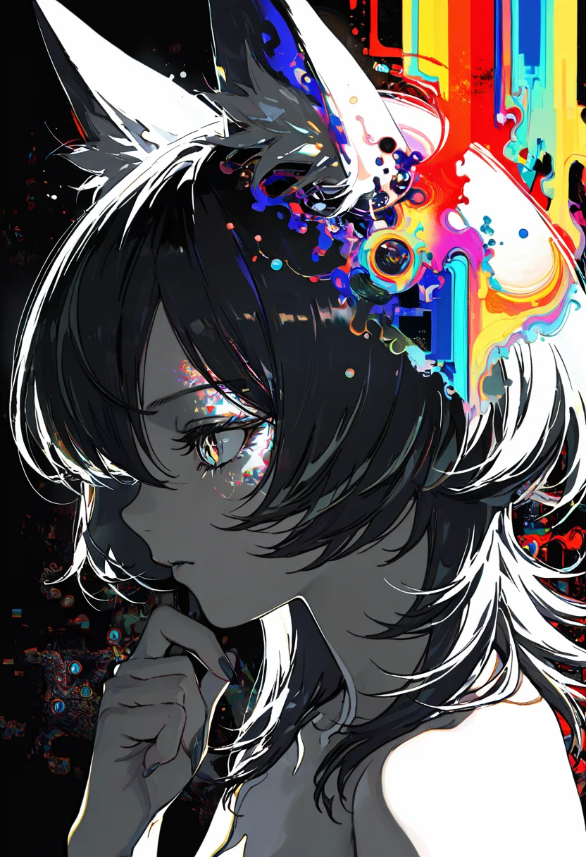 embedding:lazypos, nj (aura),by ibuki satsuki, medium hair, wolf cut, fingers through hair,, depth, profile, glint, hair flip, foreshortening, glitch art, abstract composition, ink style, ligne claire, outline, vibrant, very awa, masterpiece, best quality, high quality, newest, recent, year 2024, clean lines, dark fantasy, retro, <lora:TrendCraft_The_Peoples_Style_Detailer-v1.0A-3_13_2025-NoobVPRED:0.2>