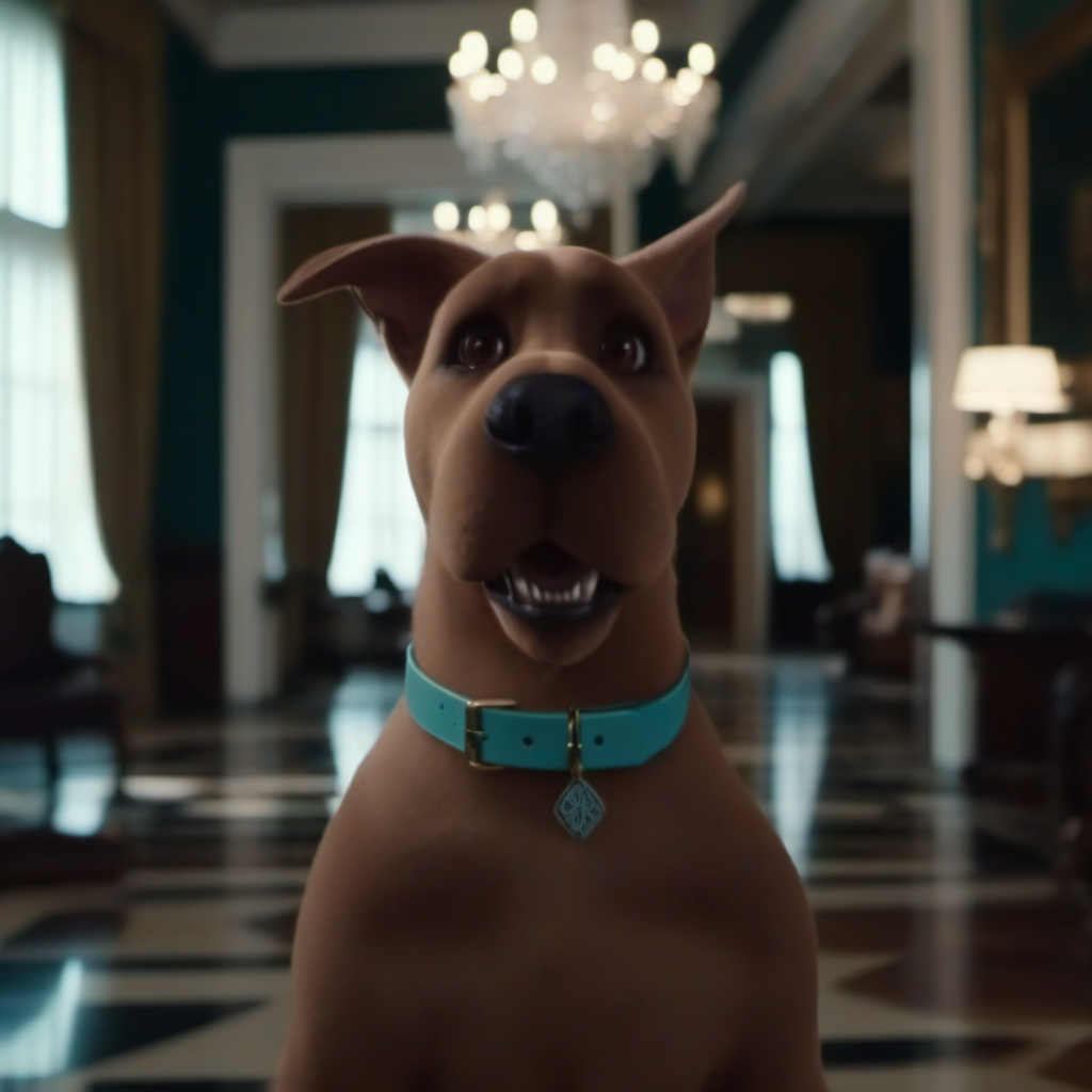 cinematic photo a dog with a collar in a mansion <lora:ScoobyDoo1024:0.8> . 35mm photograph, film, bokeh, professional, 4k, highly detailed