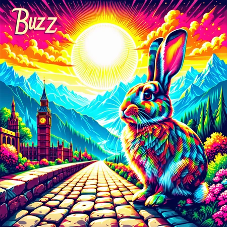 line art, crosshatching, detailed digital illustration, fractal, cyberdelic, vibrant colors, steampunk london, sun, buzz bunny, text "Buzz", mountains in the background, roads, cobblestone, trees