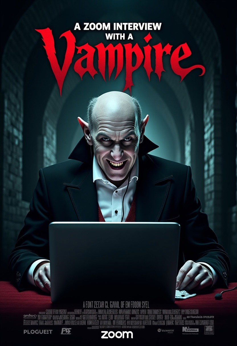 A  movie poster for 'A Zoom Interview with a Vampire.' At the center, a pale, suave vampire in a gothic Victorian suit sits in front of a laptop, with the eerie glow of a Zoom meeting screen reflecting off his face. His fangs are visible as he smirks slyly at the camera. The background shows a dimly lit, ancient castle, contrasting with the modern tech setup. The vampire is wearing earphones with a mic. The movie title is written in a spooky, elegant bloody font at the very top of the poster: 'A Zoom Interview with a Vampire. Include the zoom logo.
Actor names and studio names at the bottom of the poster