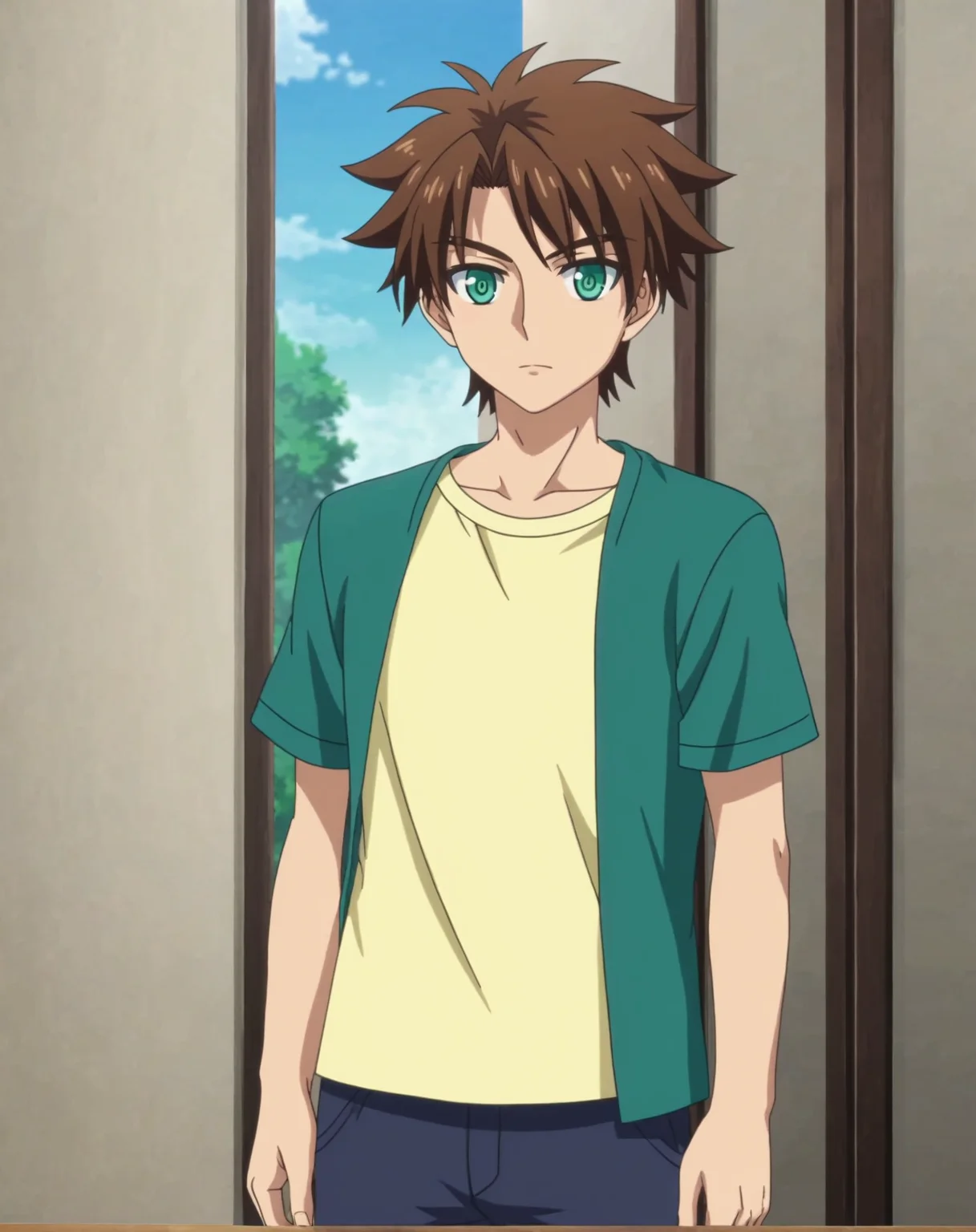 score_9, score_8_up, source_anime, anime screencap, original style, depth of field, BREAK, rating_safe, 1boy, solo, male focus, adult, <lora:toujou_basara_pony:1>, toujou_basara_pony, brown hair, green eyes, short hair, bangs, cowboy shot, gakuran, expresionless, standing, looking at viewer, facing viewer, <lora:sdxl_lightning_8step_lora:1>