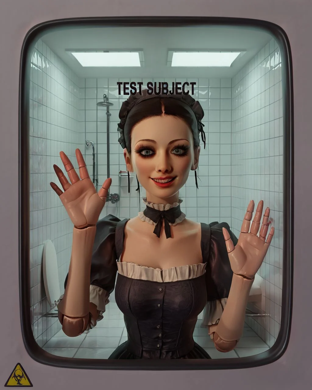 illustration, 2d, <lora:testchamberV2:0.8> testchamber, glass wall, tiles, pale skin, close-up, doll joints, victorian dress, doll, toy, looking at viewer, creepy, clean, hand on glass, smile, score_9, score_8_up, score_7_up, score_6_up, score_5_up, score_4_up, ponypositive,
