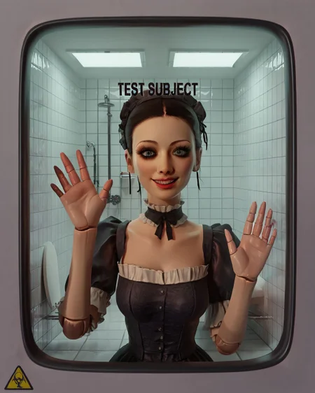 illustration, 2d, <lora:testchamberV2:0.8> testchamber, glass wall, tiles, pale skin, close-up, doll joints, victorian dress, doll, toy, looking at viewer, creepy, clean, hand on glass, smile, score_9, score_8_up, score_7_up, score_6_up, score_5_up, score_4_up, ponypositive,