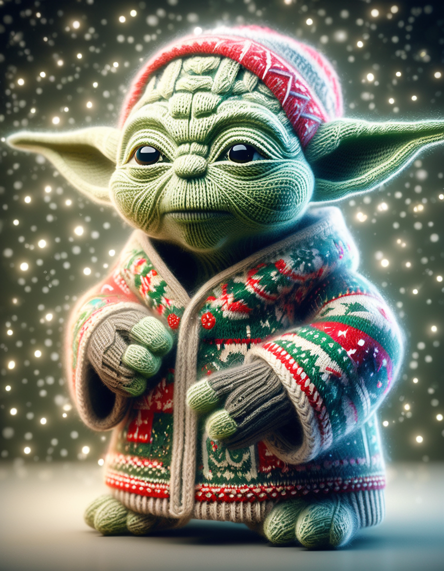 christmassweater, highly detailed, yoda, star wars theme, high quality, beautiful masterpiece, fantasy creature, kawaii, digital art, glowing sparkles
