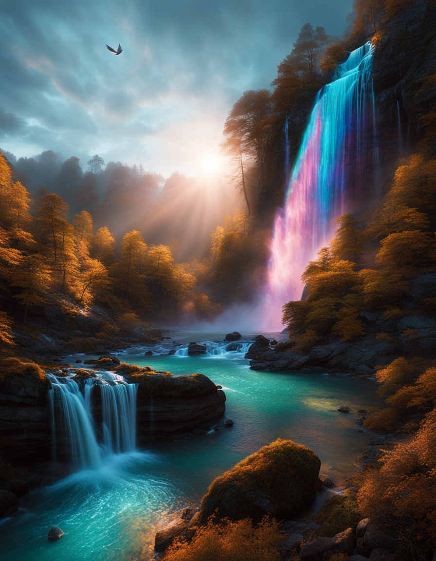 "Cinematic still, filmed by Alfonso Cuar\u00f3n, wide-shot, a creature adorned with luminescent feathers that cascade like a vibrant waterfall, their iridescent glow casting an enchanting shimmer upon the surroundings, mythical creature had stepped into our world, exuding an aura of otherworldly beauty and intrigue