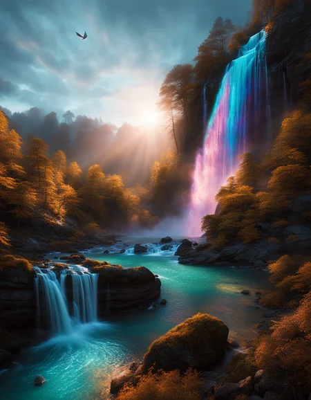 "Cinematic still, filmed by Alfonso Cuar\u00f3n, wide-shot, a creature adorned with luminescent feathers that cascade like a vibrant waterfall, their iridescent glow casting an enchanting shimmer upon the surroundings, mythical creature had stepped into our world, exuding an aura of otherworldly beauty and intrigue