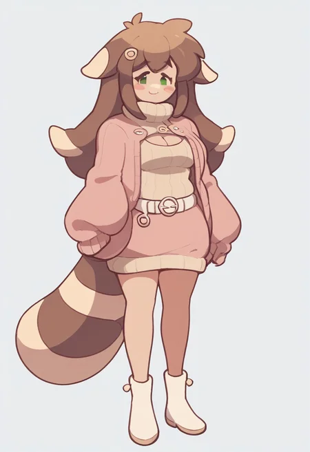 score_9, score_8_up, score_7_up, score_6_up, score_5_up, score_4_up, standing, looking at viewer, dynamic pose, simple background, 1girl, gretafurret, brown hair, hairpin, green eyes, very long hair, solo, smile, raccoon tail, animal ears, pink jacket, yellow sweater, turtleneck, cleavage cutout, jewelry, white belt, pink skirt, white boots, belt buckle,