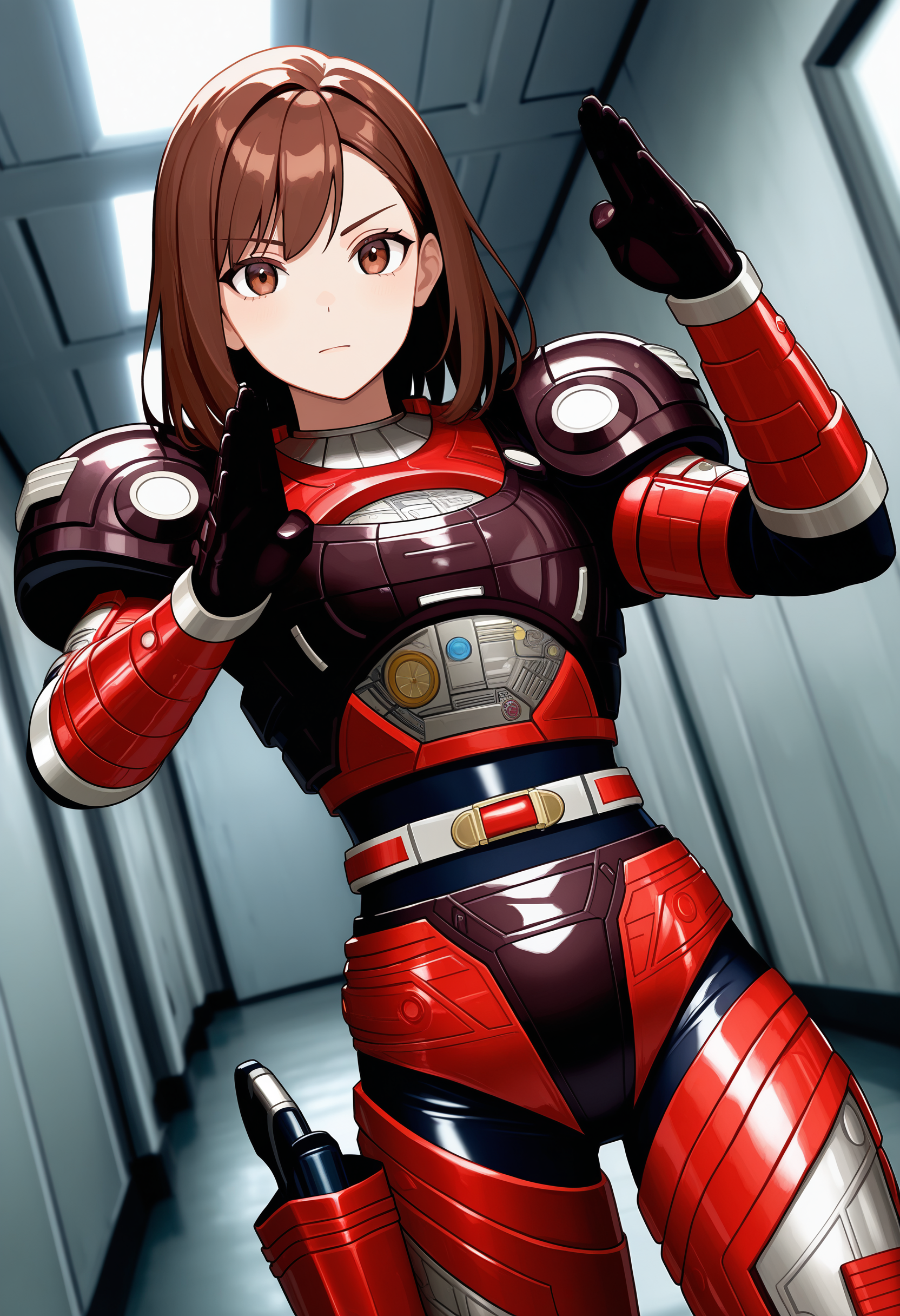 1girl, solo, R3ddle, armor, bodysuit, shoulder pad, gloves, belt, holster, brown hair, brown eyes, cowboy shot, dutch angle, looking at viewer, shiny clothes, fighting stance,
indoors, hallway, metal wall,
best quality, very aesthetic, masterpiece,