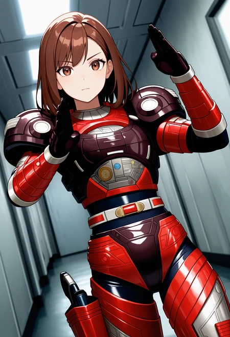 1girl, solo, R3ddle, armor, bodysuit, shoulder pad, gloves, belt, holster, brown hair, brown eyes, cowboy shot, dutch angle, looking at viewer, shiny clothes, fighting stance,
indoors, hallway, metal wall,
best quality, very aesthetic, masterpiece,