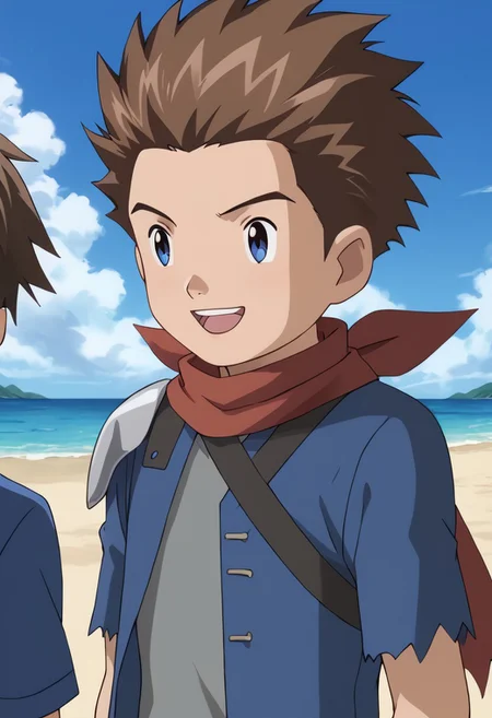 score_9, score_8_up, score_7_up, score_6_up, detailed, 2boys, intricate details, highres, absurdres ,source_anime, BREAK
takato(1boy, brown hair, brown eyes, blue jacket, white shirt, smile)BREAK
ryo(1boy, Brown hair, blue eyes, grey shirt, red neckerchief, shoulder armor, torn shirt, open mouth, teeth, scarf, spiked hair)BREAK
beach, 2 boys together, standing.
